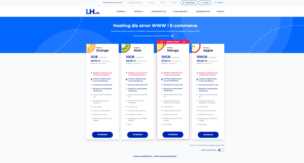 LH.pl | Dostępne pakiety hostingowe