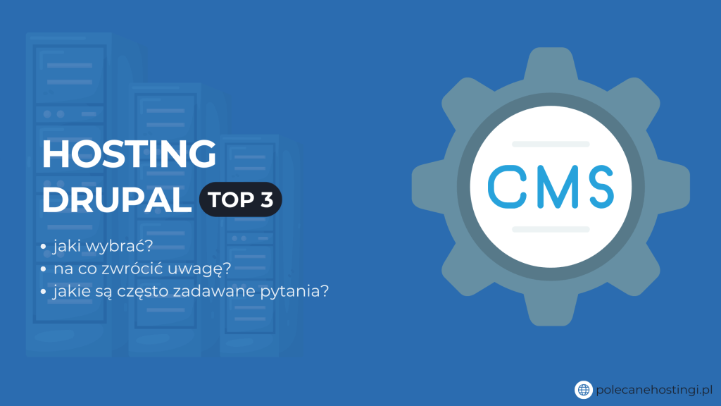 Banner o rankingu Top 3 hostingu Drupal z ikoną koła zębatego i napisem CMS.