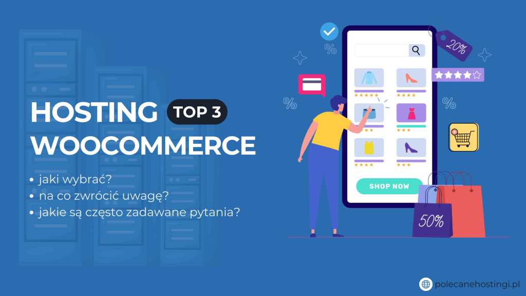 Banner o rankingu Top 3 hostingu WooCommerce z ilustracją zakupów online.