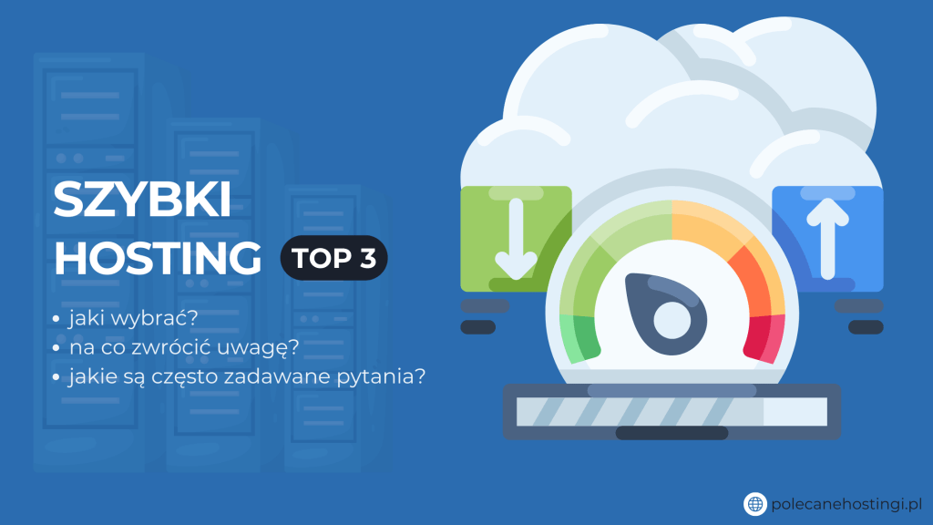 Banner o rankingu Top 3 szybkiego hostingu z ilustracją prędkości i chmury.