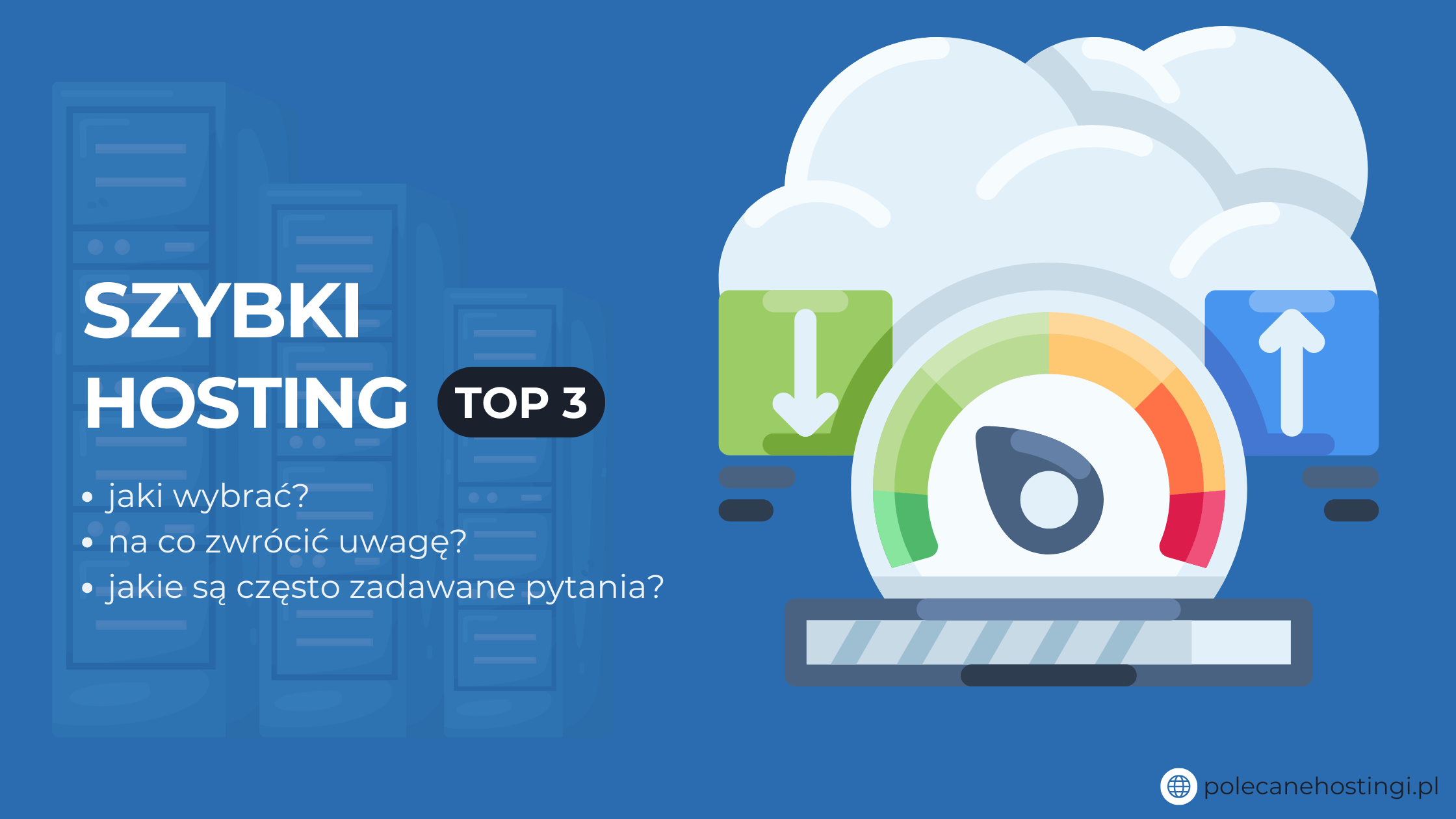Banner o rankingu Top 3 szybkiego hostingu z ilustracją prędkości i chmury.