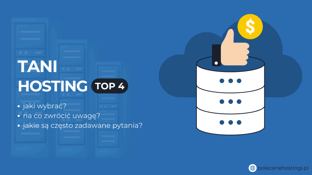 Banner o rankingu Top 4 taniego hostingu z ikoną serwera i symbolem oszczędności.