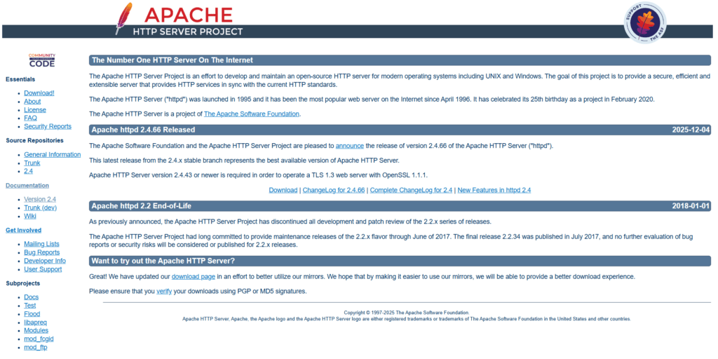 Strona główna oficjalnej dokumentacji serwera HTTP Apache