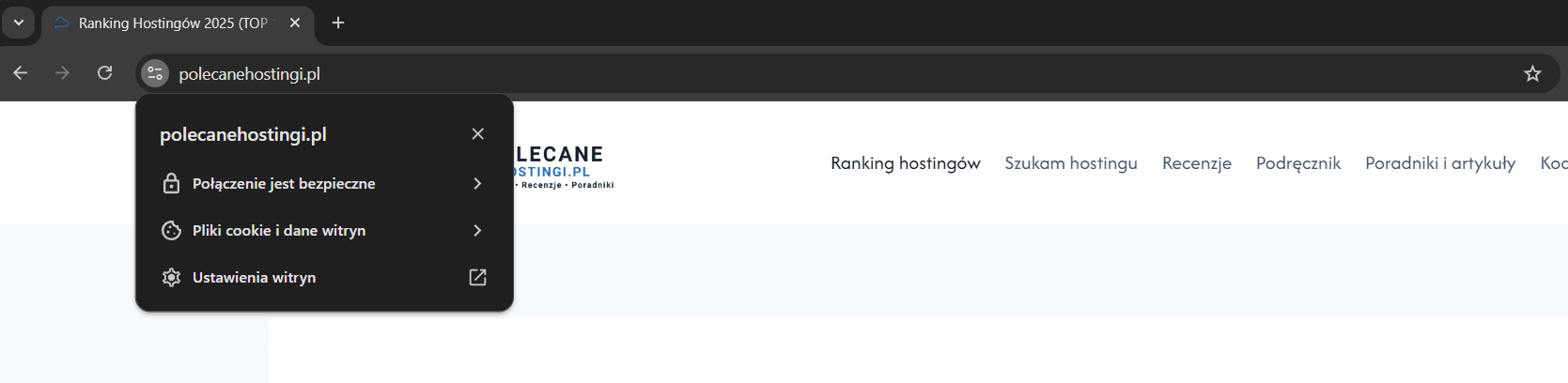 Widok paska adresu przeglądarki z aktywnym protokołem HTTPS i ikoną kłódki przy domenie polecanehostingi.pl.