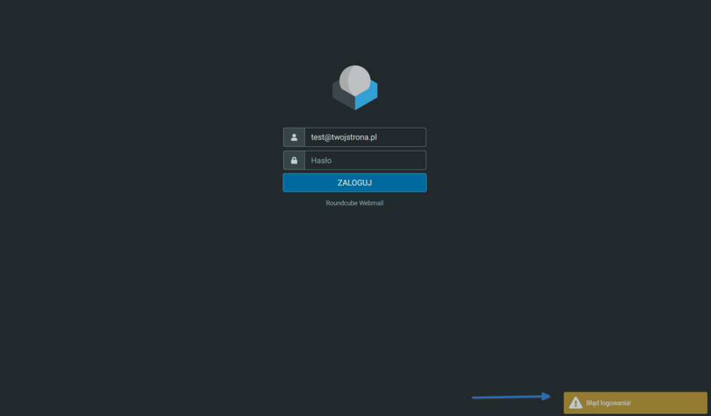 Komunikat o błędzie logowania w interfejsie Roundcube.