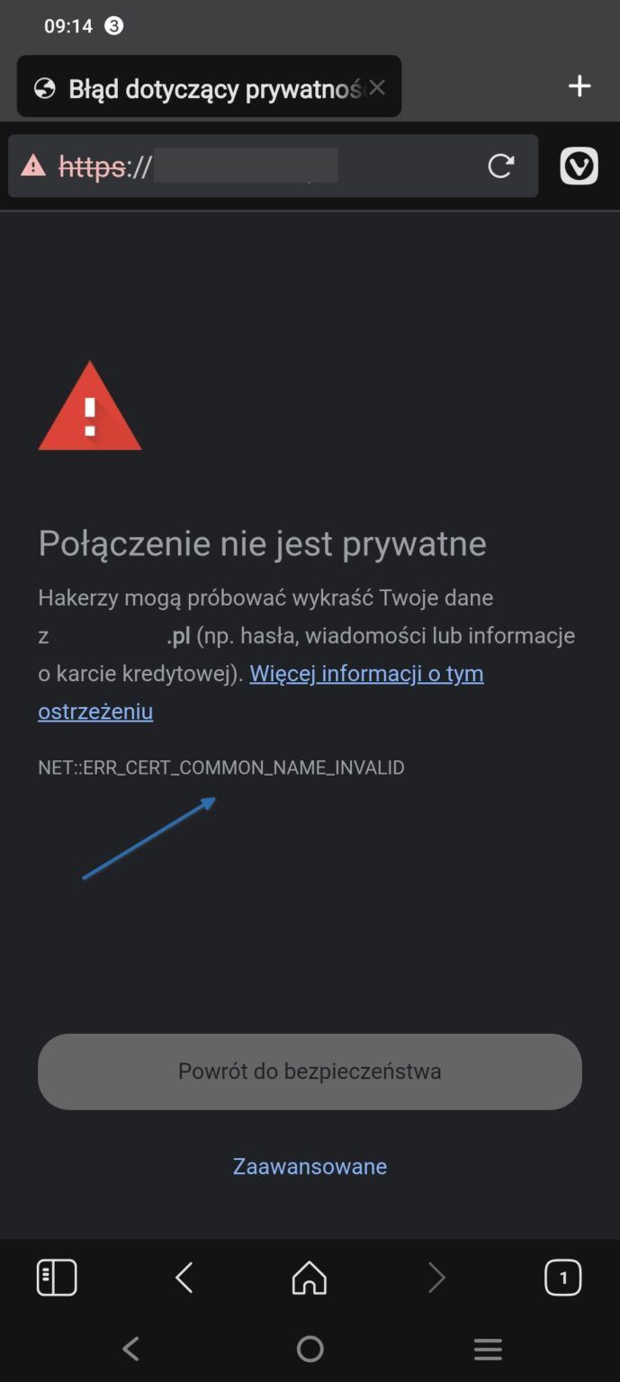 Mobilny komunikat błędu "Połączenie nie jest prywatne" w przeglądarce.