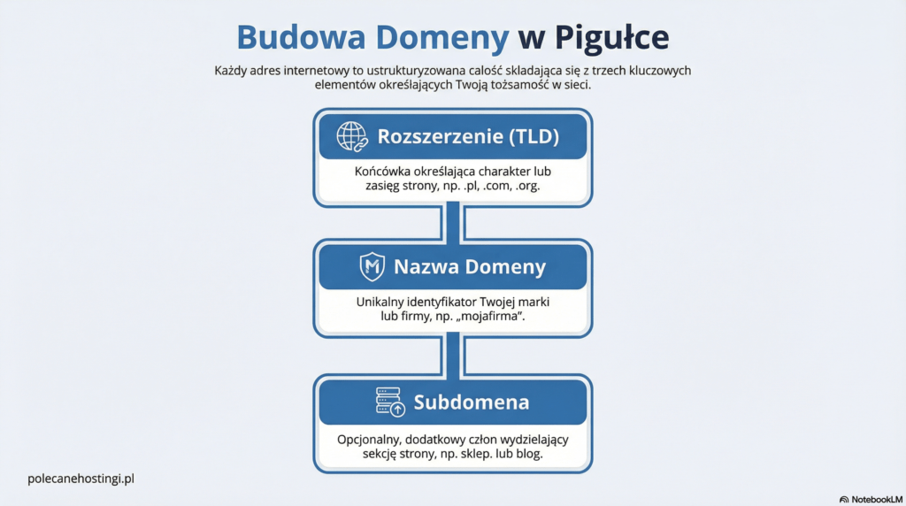 Infografika przedstawiająca budowę domeny internetowej z podziałem na rozszerzenie TLD, nazwę domeny oraz subdomenę.