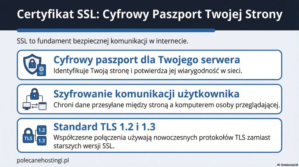 Infografika przedstawiająca zalety certyfikatu SSL: paszport serwera, szyfrowanie komunikacji oraz standardy TLS 1.2 i 1.3.