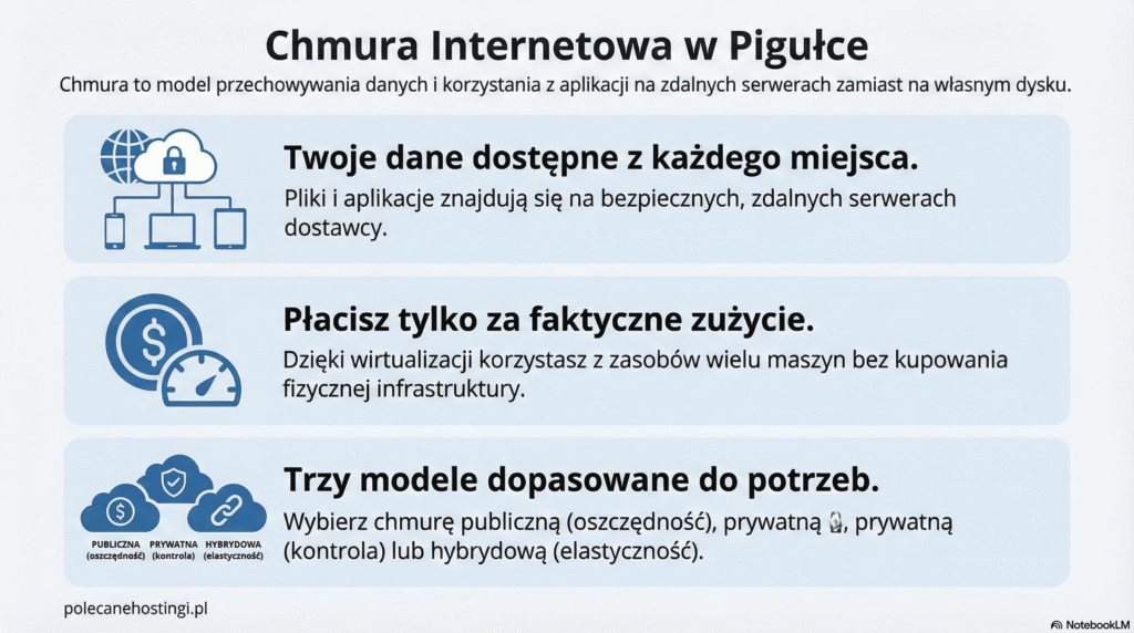 Infografika przedstawiająca definicję chmury obliczeniowej, zalety dostępu do danych z każdego miejsca, model płatności za zużycie oraz podział na chmurę publiczną, prywatną i hybrydową.