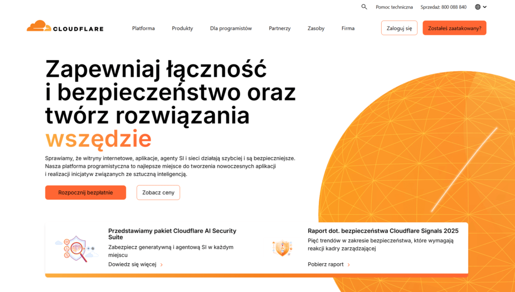 Widok strony głównej serwisu Cloudflare oferującego usługi CDN i bezpieczeństwa sieciowego.
