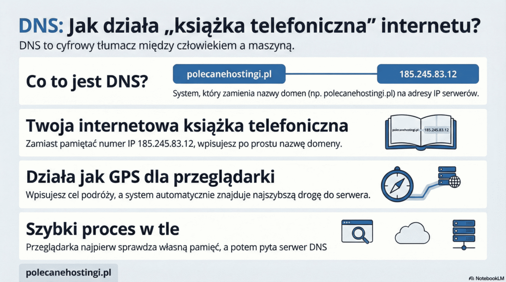 Infografika wyjaśniająca działanie DNS jako cyfrowego tłumacza zamieniającego nazwy domen na adresy IP serwerów.