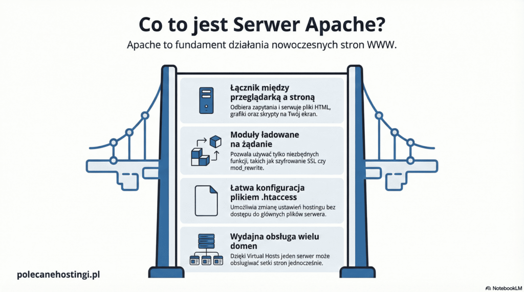 Infografika wyjaśniająca działanie serwera Apache, wymieniająca obsługę zapytań, moduły, konfigurację .htaccess oraz Virtual Hosts.