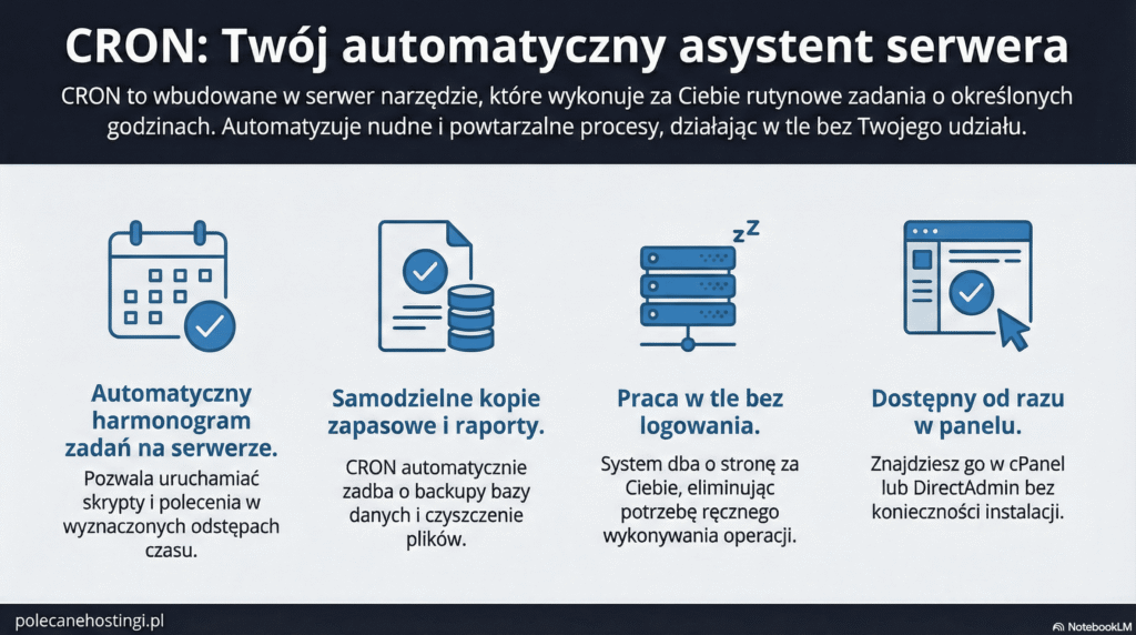 Infografika przedstawiająca funkcje CRON: harmonogram zadań, kopie zapasowe, praca w tle oraz dostępność w panelach cPanel i DirectAdmin.