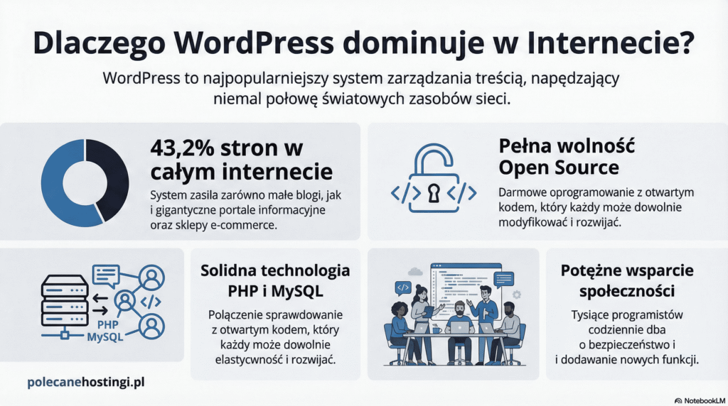 Infografika wyjaśniająca popularność CMS WordPress, prezentująca dane o 43,2% udziału w rynku, technologii PHP i MySQL oraz wsparciu społeczności.