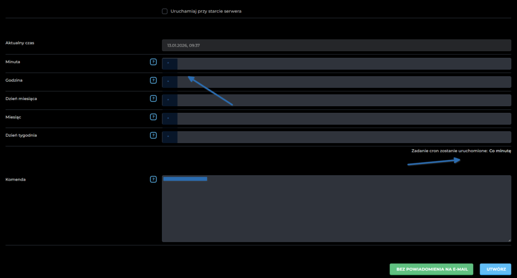 Formularz dodawania nowego zadania CRON z ustawieniami czasu