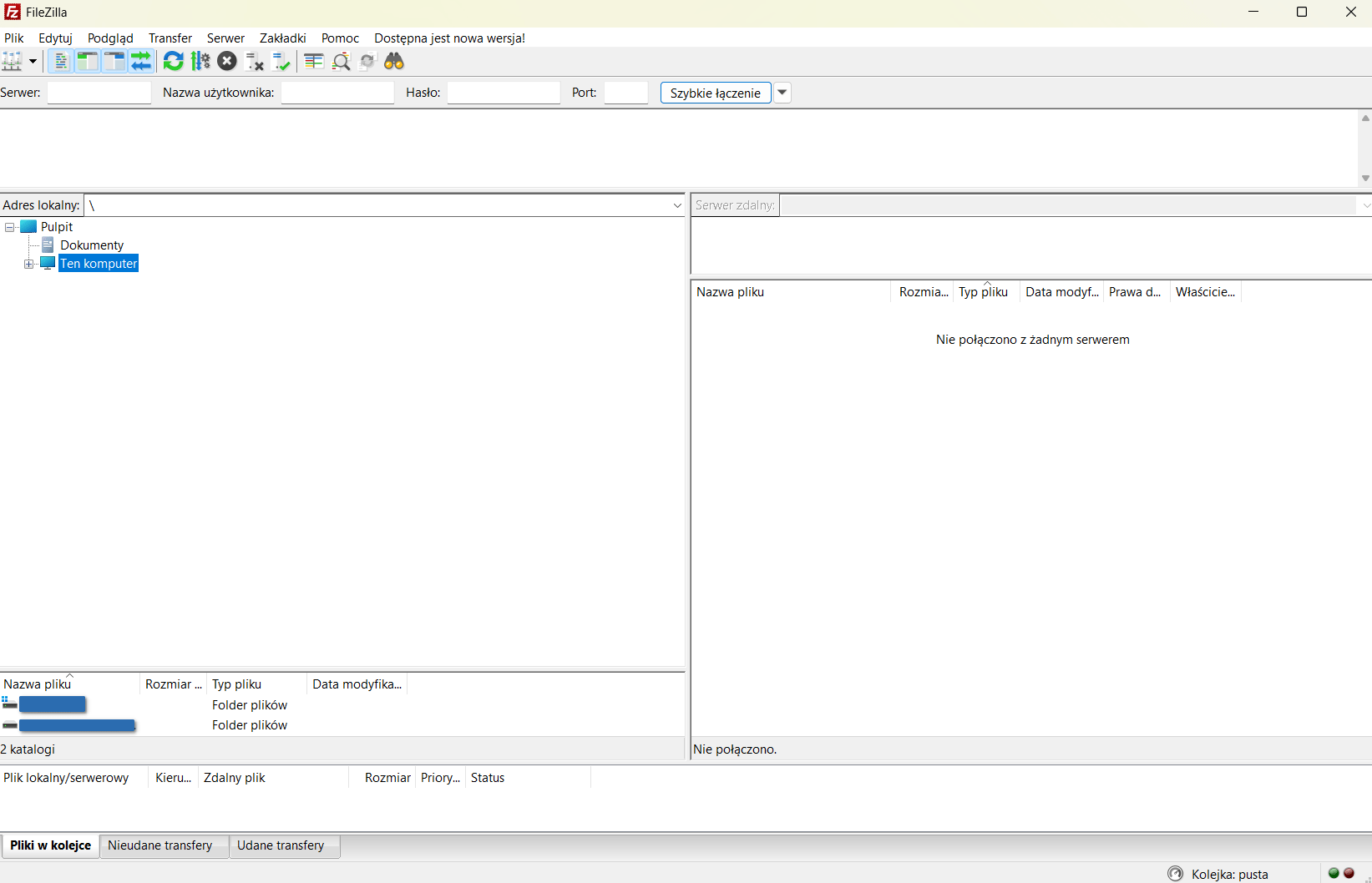 Okno programu FileZilla pokazujące listę plików lokalnych i zdalnych