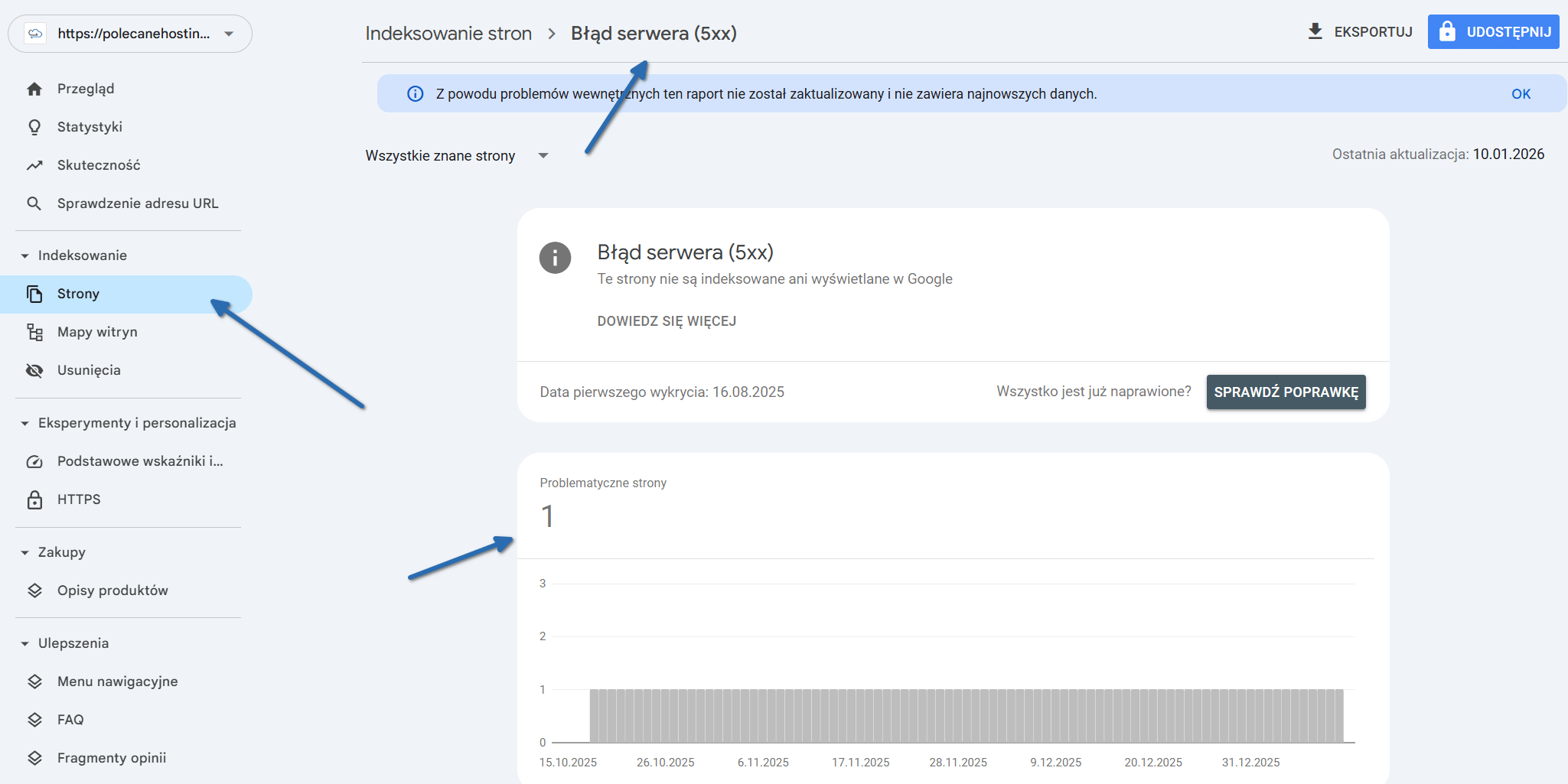 Wykres błędów indeksowania 500 w panelu Google Search Console.
