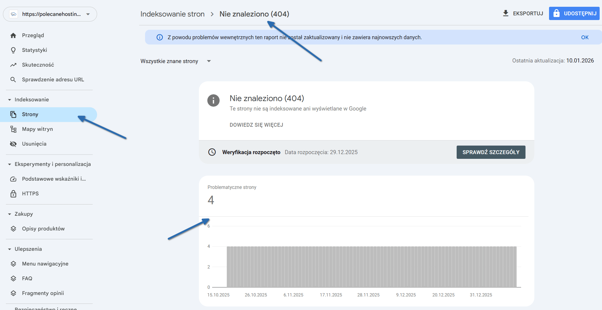 Wykres błędu 404 w sekcji Indeksowanie narzędzia Google Search Console.