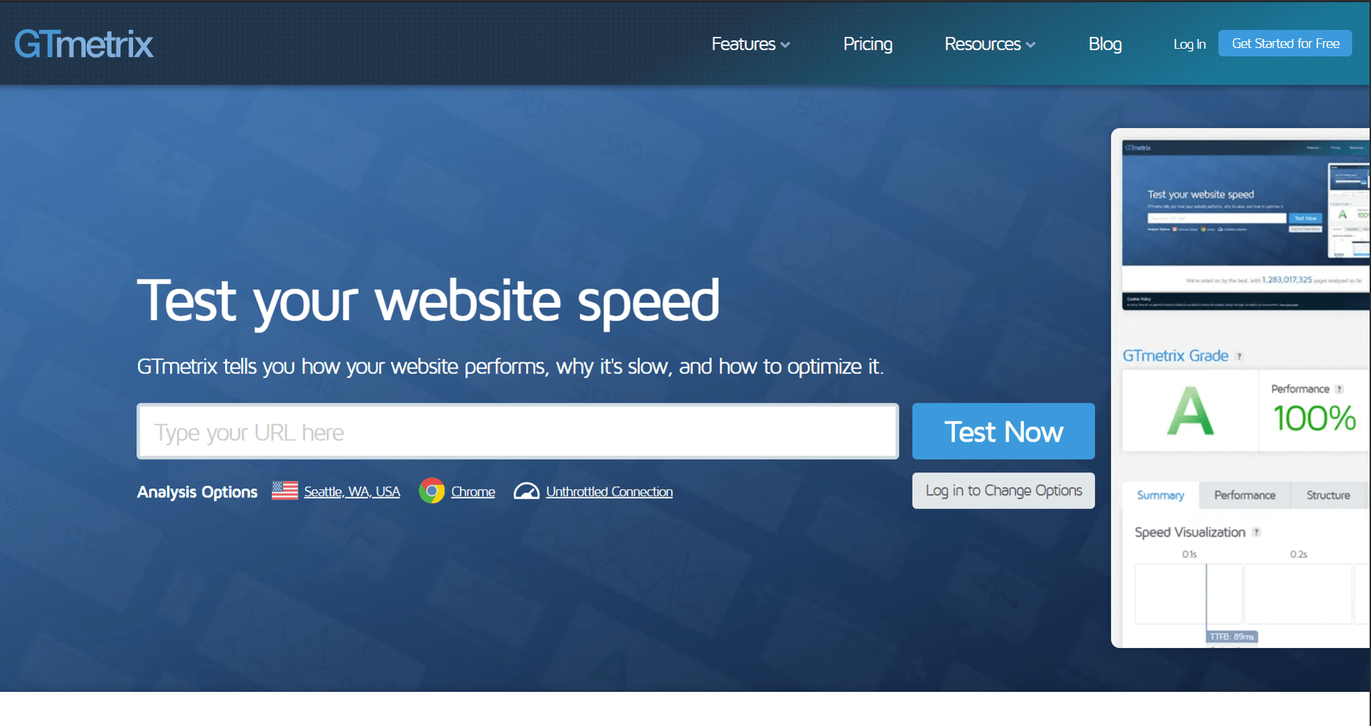 Strona główna narzędzia GTMetrix do analizy wydajności witryny.