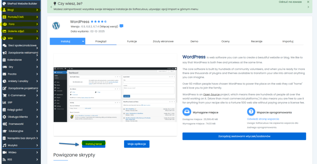 Proces instalacji systemu CMS WordPress przez autoinstalator w panelu hostingu.