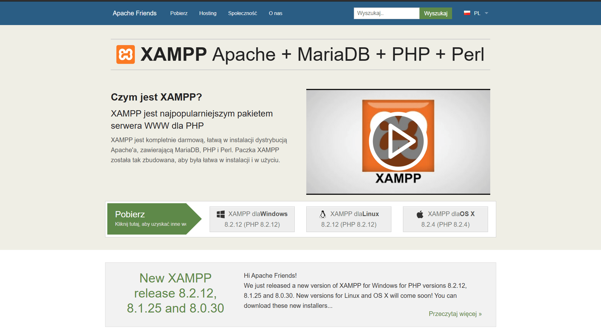 Strona główna Apache Friends z instalatorem pakietu XAMPP