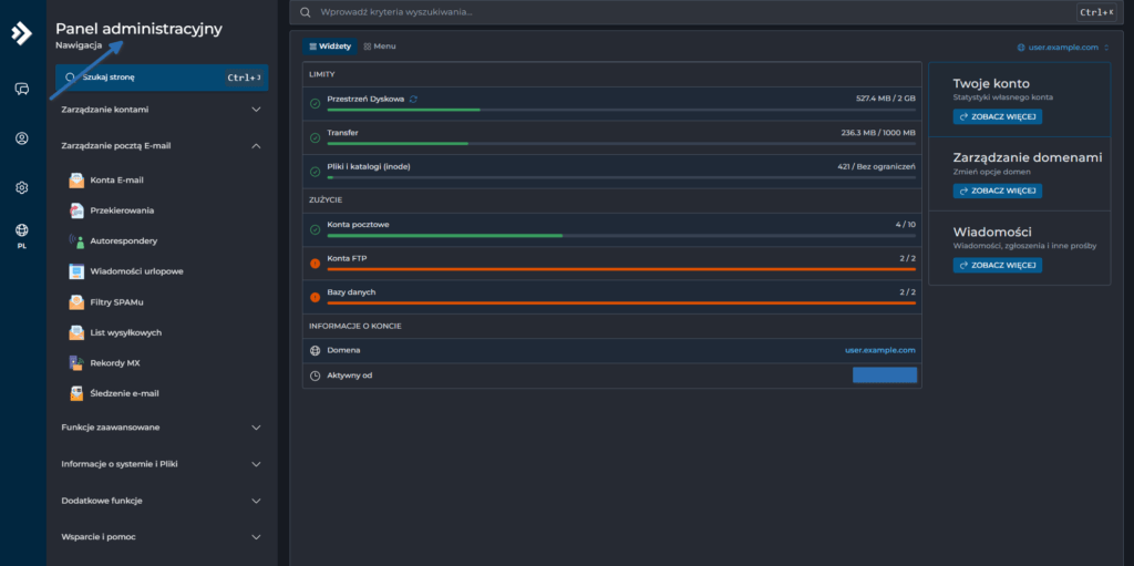 Widok główny panelu administracyjnego DirectAdmin.