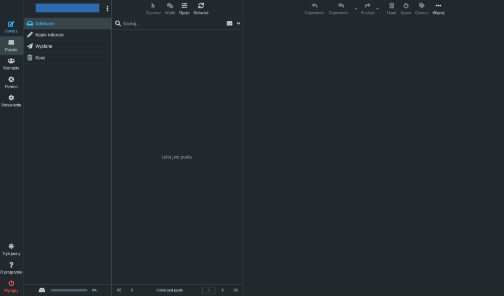 Widok skrzynki odbiorczej w kliencie poczty Roundcube