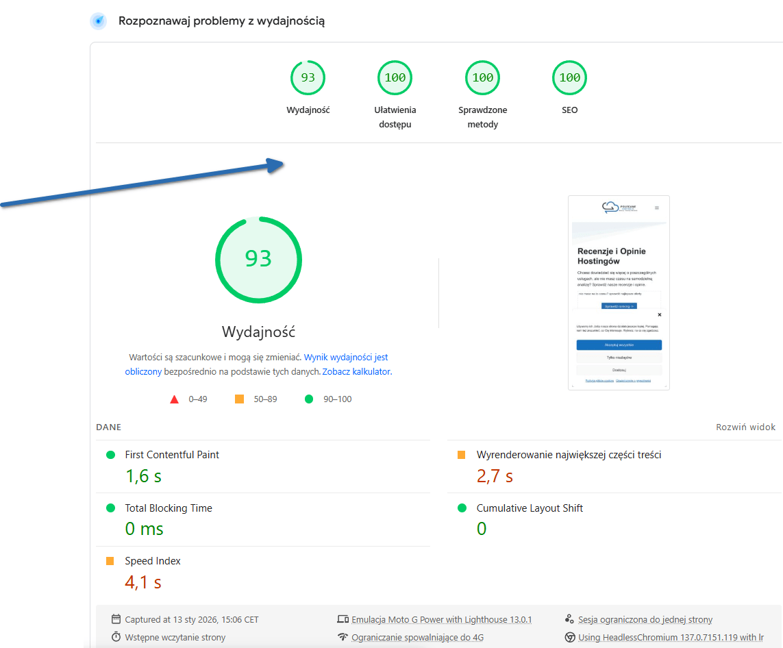 Szczegółowa interpretacja wyników punktowych Core Web Vitals w PageSpeed Insights.