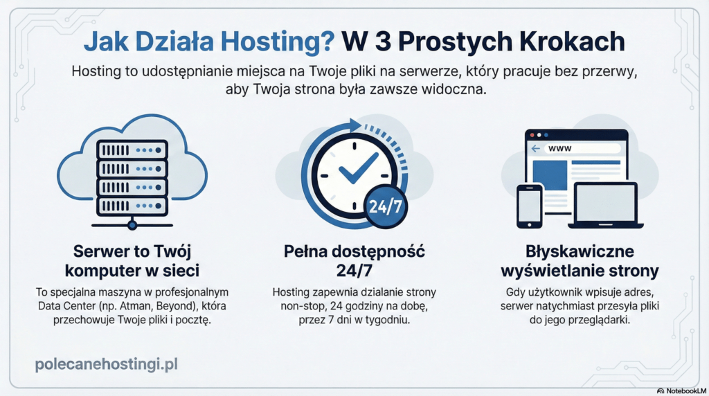 Infografika przedstawiająca trzy etapy działania hostingu: serwer w centrum danych, dostępność 24/7 oraz przesyłanie danych do przeglądarki użytkownika.