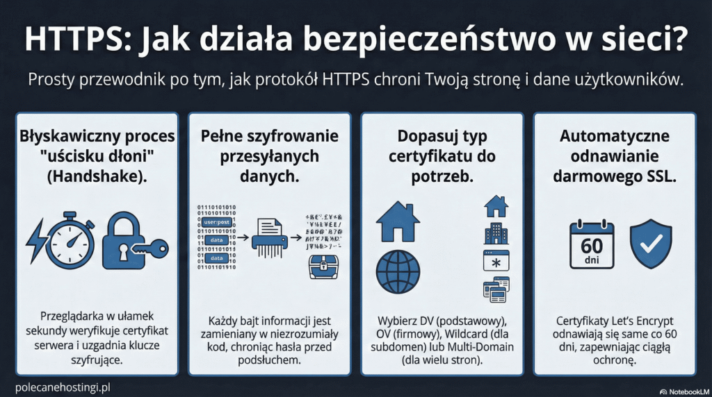 Infografika o protokole HTTPS: proces uścisku dłoni (handshake), szyfrowanie danych, rodzaje certyfikatów SSL oraz odnawianie Let's Encrypt.