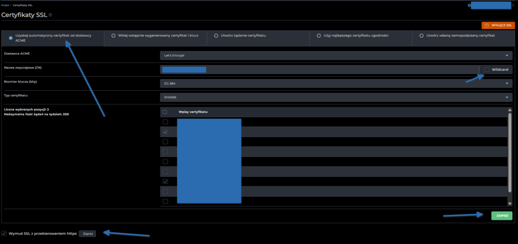 Panel zarządzania DirectAdmin z widoczną sekcją konfiguracji certyfikatu SSL