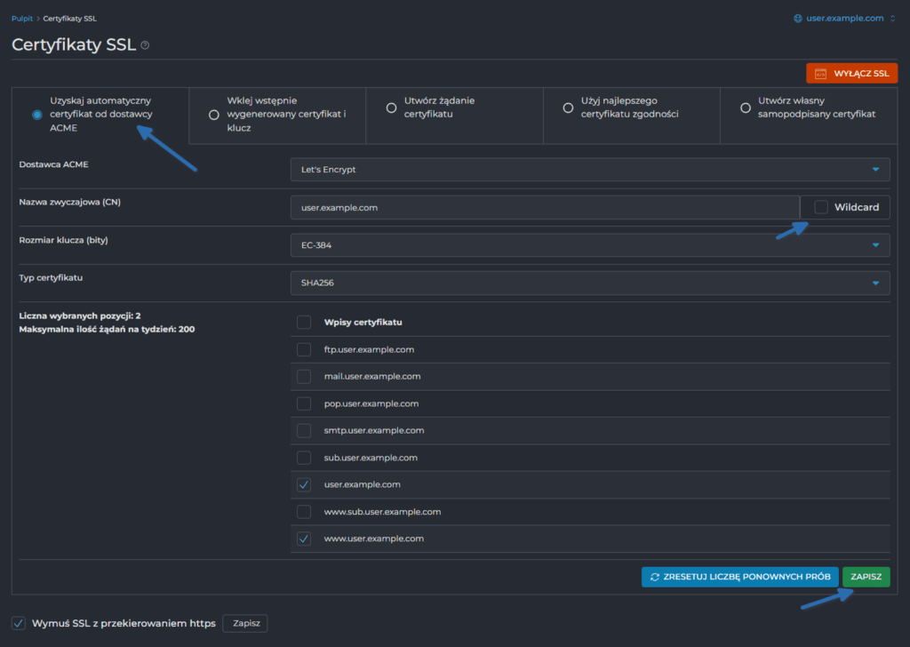 Panel zarządzania DirectAdmin interfejs ustawień certyfikatów SSL