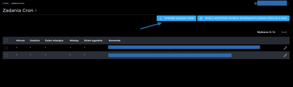 Widok sekcji zadań Cron w panelu administracyjnym DirectAdmin