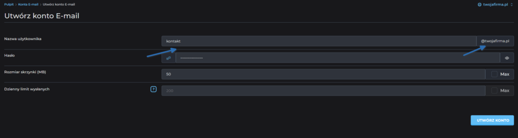 Panel DirectAdmin – formularz tworzenia nowego konta e-mail we własnej domenie firmowej.