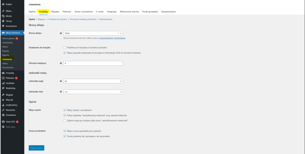 Panel ustawień produktów w sklepie internetowym WooCommerce.