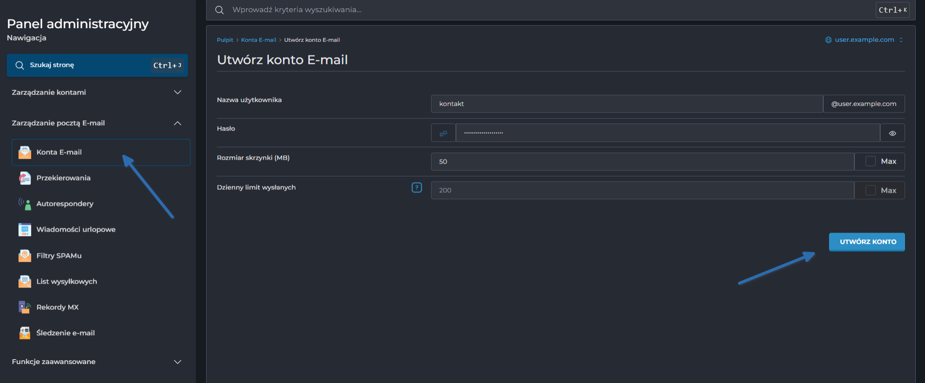 Panel zarządzania serwerem DirectAdmin z opcjami konfiguracji poczty