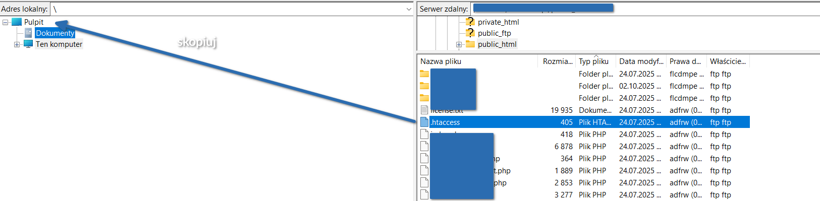 Tworzenie kopii zapasowej pliku .htaccess w FileZilla.