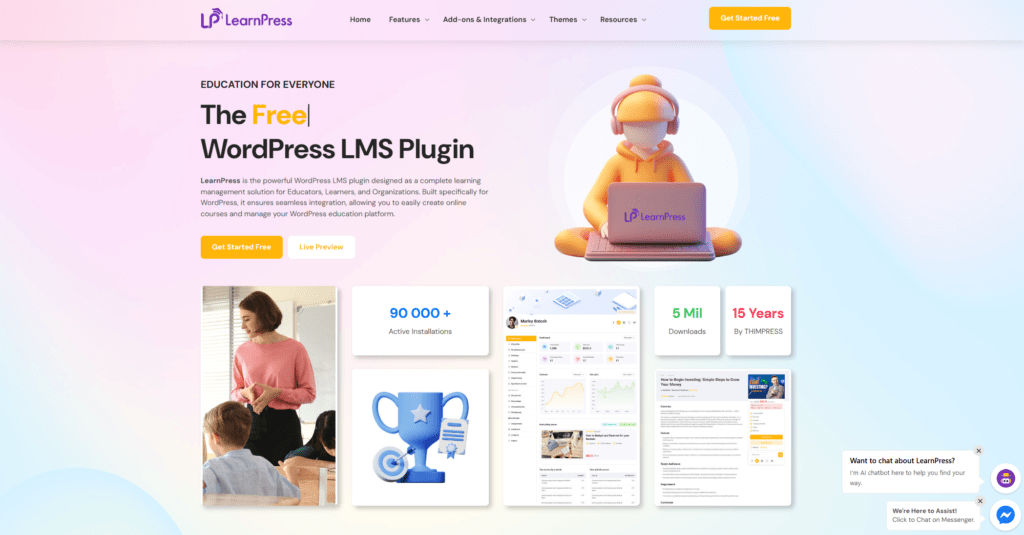 Strona główna LearnPress, wtyczki do tworzenia platform edukacyjnych LMS.