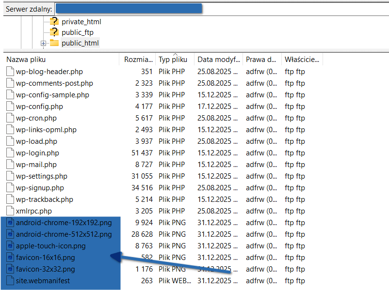 Lista plików na serwerze FTP (Filezilla) w folderze public_html z zaznaczonym plikiem favicon.ico