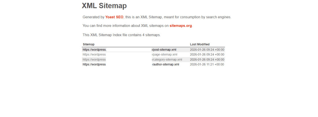 Wygenerowana mapa strony XML Sitemap widoczna w przeglądarce.