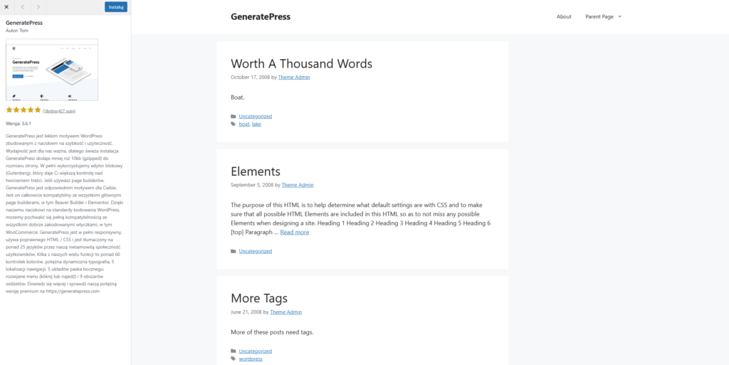 Podgląd darmowego motywu GeneratePress w repozytorium WordPress.