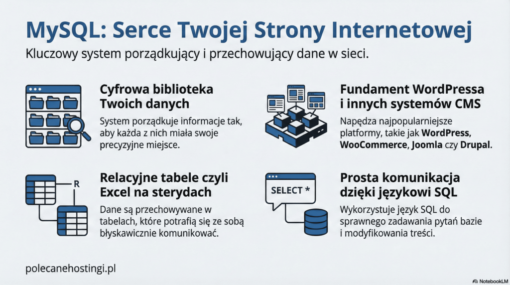 Infografika przedstawiająca MySQL jako serce strony internetowej, wyjaśniająca rolę baz danych w systemach CMS takich jak WordPress i Joomla.