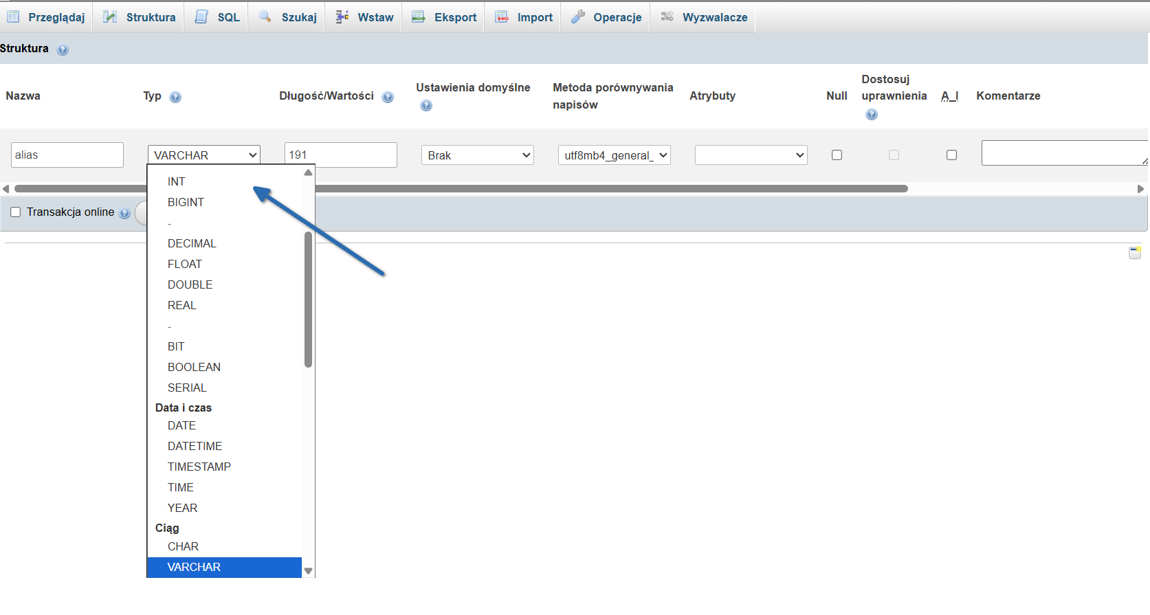 Zrzut ekranu z dokumentacji lub panelu pokazujący typy danych INT oraz BIGINT.