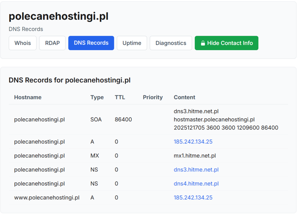 Zrzut ekranu narzędzia WHOIS przedstawiający rekordy DNS dla domeny polecanehostingi.pl.