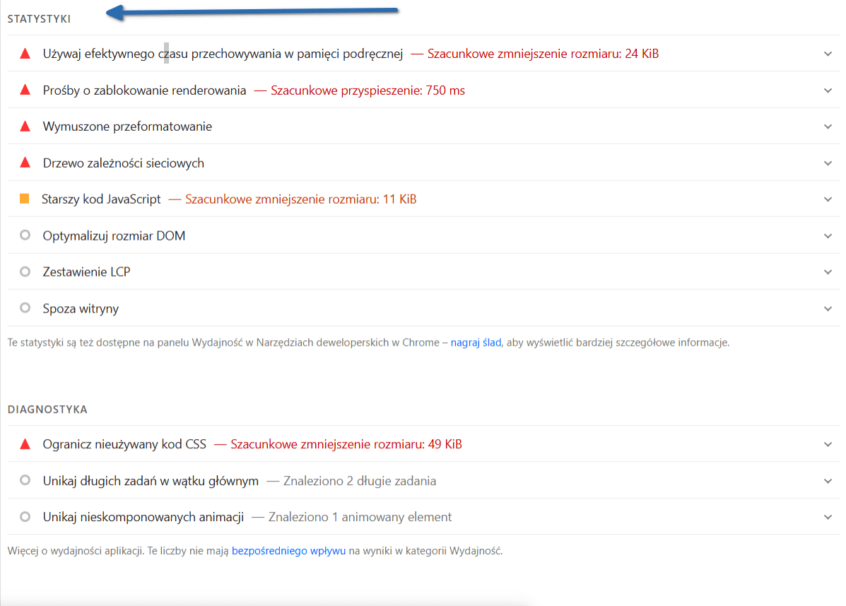 Lista sugestii poprawy szybkości ładowania strony dla polecanehostingi.pl w Google PageSpeed Insights.