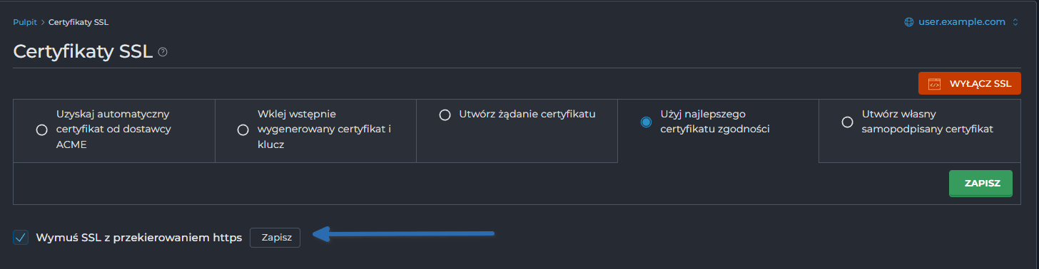 Formularz w panelu DirectAdmin służący do włączania wymuszenia przekierowania z HTTP na HTTPS dla wybranej domeny.