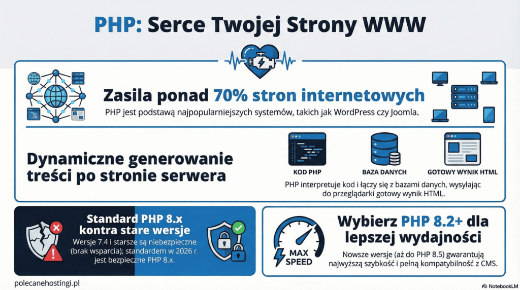 Infografika "PHP: Serce Twojej Strony WWW" wyjaśniająca proces generowania treści, statystyki popularności (70% stron) oraz znaczenie aktualizacji do wersji PHP 8.2+.