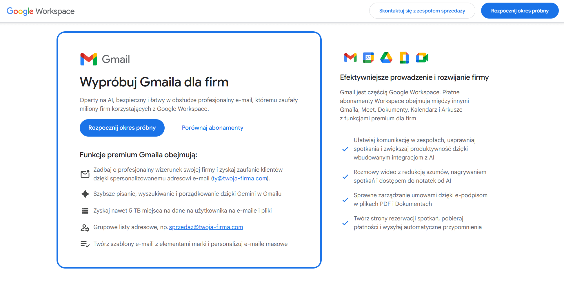 Widok panelu głównego poczty Gmail w usłudze Google Workspace.