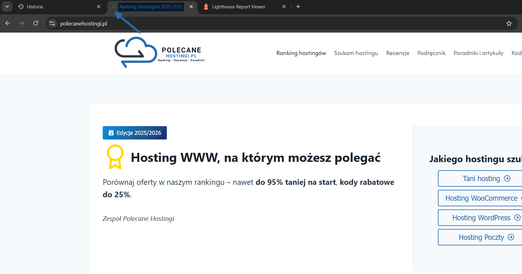 Widok karty w przeglądarce z widoczną ikoną favicon strony polecanehostingi.pl