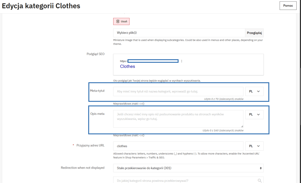Formularz edycji meta title oraz meta description w ustawieniach PrestaShop